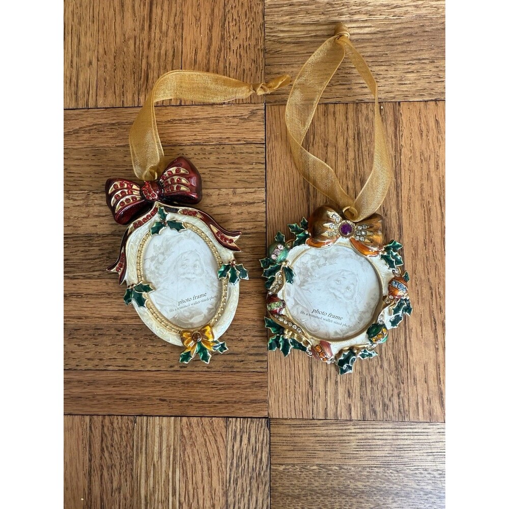 Christmas Memories Ornament Picture Frames Enamel Gold Tone Rhinestones Set (2)